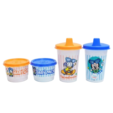 Tupperware Disney Baby set with 2 sippy cups and 2 snack cups in blue and orange.